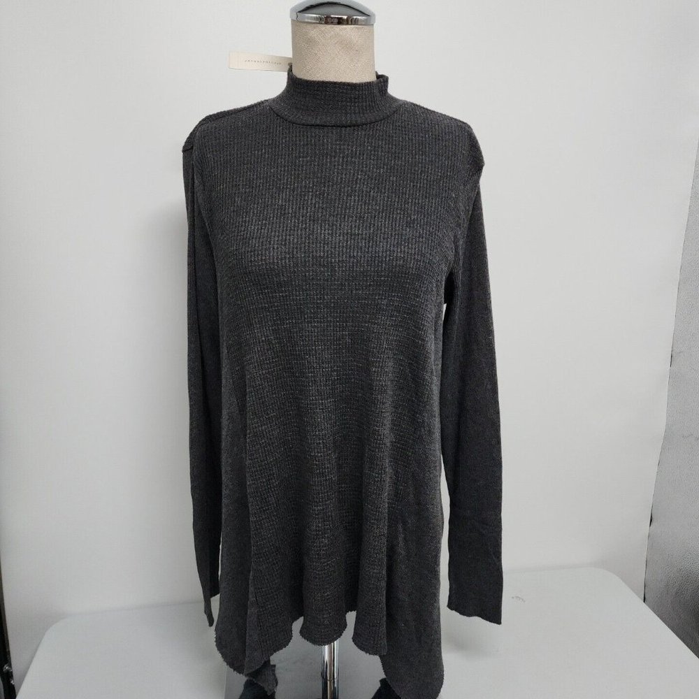NEW Anthropologie T.la Turtleneck Thermal Top raw hem long sleeve Gray Size XS